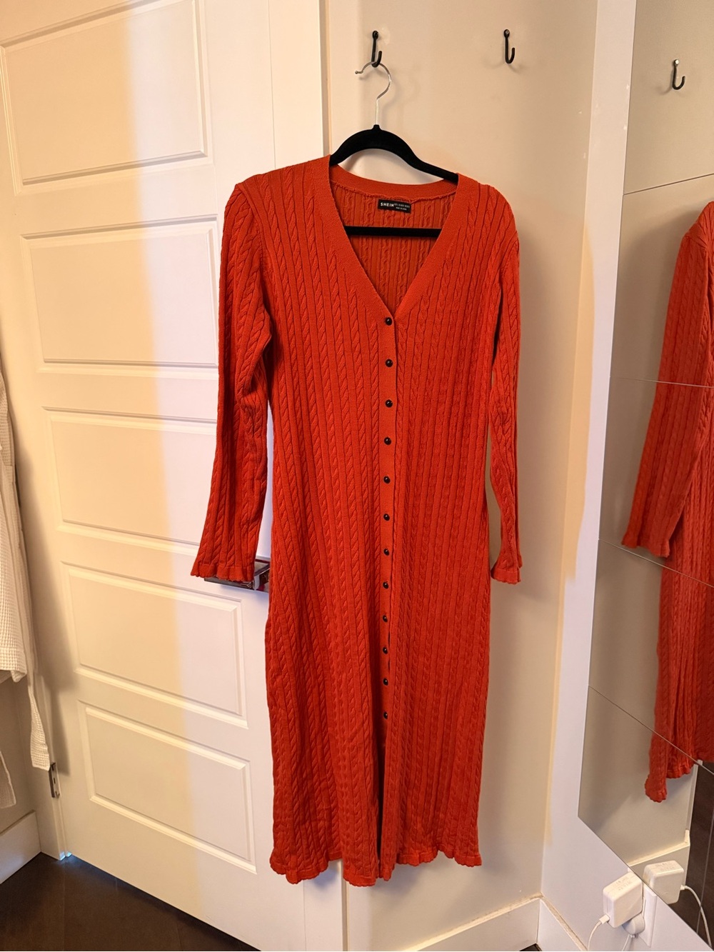Orange Long-Sleeve Cable Knit Button-Front Dress